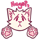 A white cat-like creature with a shy expression and raised paws with the text Hugs? above its head.