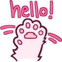 A stylized pink animal paw waving with the word hello written in pink text above it.