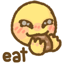 A round yellow character with a blushing face happily eating a brown snack with the word eat written below.