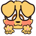 A yellow puppy with large brown eyes and pink cheeks taps its paws together shyly.