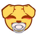 A yellow puppy face with closed eyes and a white pacifier in its mouth.