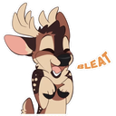 A cartoon deer with antlers smiling broadly with its hands held up to its chest while the word BLEAT appears in a speech b...