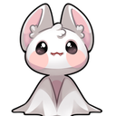 A small white bat with large eyes and pink cheeks sitting in a polite pose.