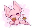 A cute pink bat with closed eyes happily eating small round treats with a small heart icon nearby.