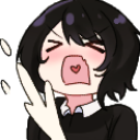 Anime character with black hair shouting with a wide open mouth containing a small heart and a heavy blush on their cheeks.