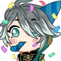 Anime character blowing a party horn with colorful confetti falling around them.