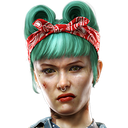 A woman with green hair and a red bandana looking at the viewer with an annoyed and serious expression.