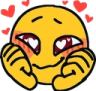 Yellow smiley face with heart-shaped eyes and rosy cheeks resting its chin on its hands surrounded by floating hearts.