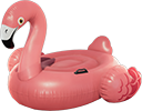 Pink flamingo inflatable pool float sitting on a light blue surface.