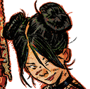 A woman with dark hair in buns wearing a smug, mischievous smirk in a gritty comic book art style.
