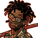 A man with dreadlocks and glasses wearing a red accessory, drawn in a gritty comic book style.