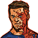 A man with a scarred face looks forward with a serious and intense expression in a comic book art style.