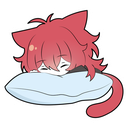A red-haired cat person with cat ears and a tail sleeping peacefully on a light blue pillow.