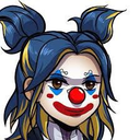 Anime girl with blue hair and vibrant clown makeup smiling.