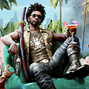 A man with an afro and sunglasses lounging in a chair, holding a tropical cocktail in one hand and resting a katana on his s…