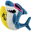 A plush shark wearing pink sunglasses holds a yellow surfboard with a relaxed expression.