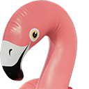 Flamingo head with a pink neck, white eye, and black-tipped beak looking to the left.