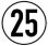 A circular sign with a white background and black border displaying the number 25 in black text.