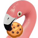 A pink flamingo head biting into a round chocolate chip cookie.