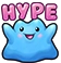 A cute blue blob creature with a wide smile and raised arms under the pink text HYPE.
