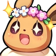 A brown rabbit with star-shaped pupils and an open mouth wearing a colorful flower crown.