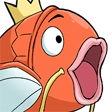 An orange fish with a gold crown on its head and a wide-open, shocked mouth.
