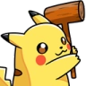 Pikachu holding a wooden hammer and looking ready to strike.
