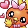 A cute orange chick with large black eyes, wearing pink bows on its head and neck, surrounded by floating pink hearts.