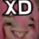 A heavily distorted face with a wide, laughing expression and the letters XD written in white on top.