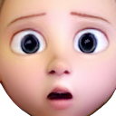 A close-up 3D face with wide, dark eyes and an open mouth expressing shock.
