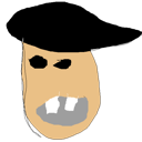 A hand-drawn face with a tan complexion, black eyes, and a gray mouth showing two large white teeth.