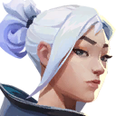 Jett from Valorant with white hair looking forward with a calm and serious expression.