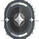 A silver diamond-shaped emblem centered on a dark circular background with metallic accents.