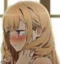 Blonde anime girl with a deep red blush looking down shyly.