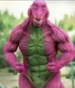 A purple dinosaur with an extremely muscular, shredded physique standing and flexing his arms.