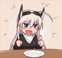 Anime girl with pink hair and headphones tapping a fork and knife on a table while looking impatient.
