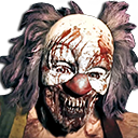 Clown mask covered in blood with a sinister grin and messy hair.