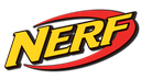 The word NERF in bold yellow letters inside a slanted red oval on a black background.