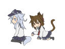 Two anime-style cat girls interacting where one playfully pulls on the other's tail across four panels.