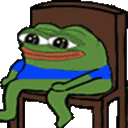 A row of green frogs with blue shirts sitting on brown chairs with blank expressions.