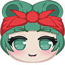Anime girl with green hair and a red headband smiling happily.