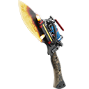 A stylized blade with a burning yellow and orange flame on the edge.