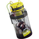 A metallic canister with a yellow top and green handle containing a dark, textured specimen inside a glass chamber.
