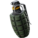 A green fragmentation hand grenade with a yellow safety pin.