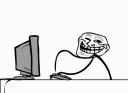 Trollface character sitting at a computer and erupting in a burst of fire.