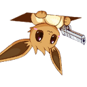 A brown creature with large ears hanging upside down while holding a silver handgun.