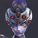 Widowmaker from Overwatch looking forward with a smug and serious expression.