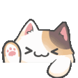 A cute calico cat rhythmically tapping its paws on a surface with a happy expression.