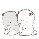 A white creature approaches a gray creature and gives it a hug while small pink hearts appear above them.