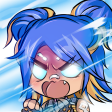Chibi anime character with blue hair screaming in intense rage with glowing white eyes.